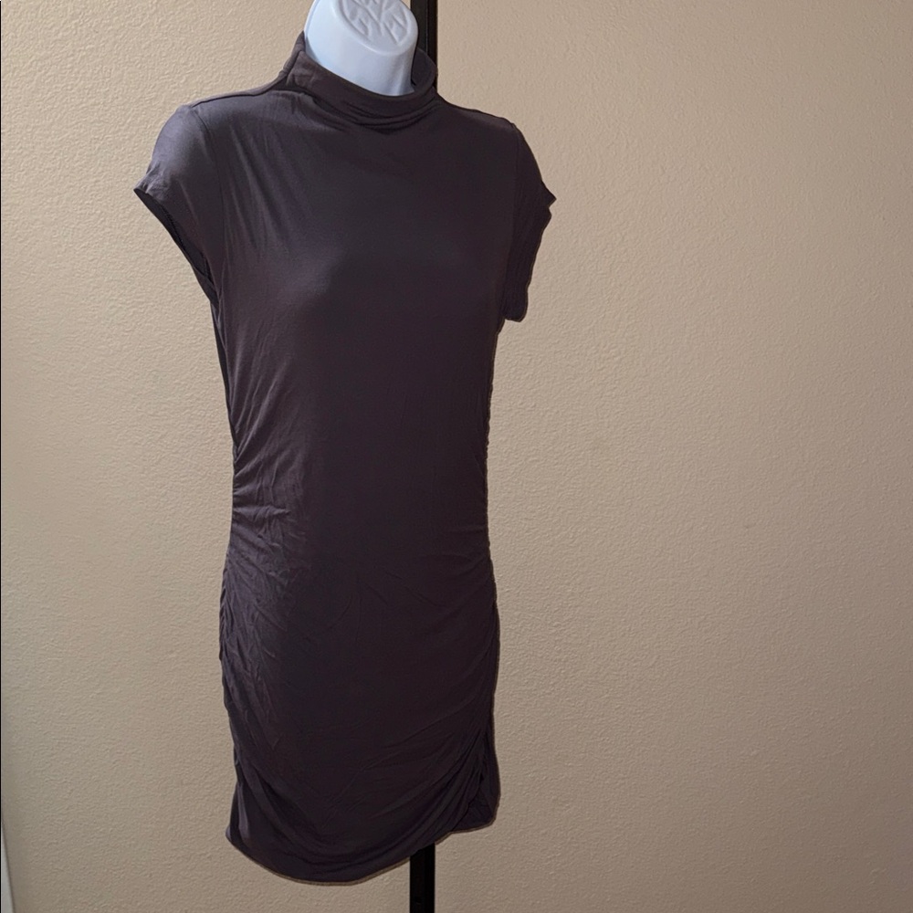 OGL Gray Mock Turtleneck BodyCon Short Sleeve Dress Viscose Ruched Women’s Sz L